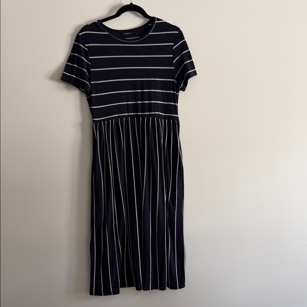 SHEIN Navy and White Striped Short Sleeve Midi Dress